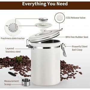 IBBO Shop - Koffieblik - Koffiebus - Koffieblikbewaarblik - Bewaarbus Koffie - Voorraadpotten - Luchtdicht Koffieblik met CO2 Uitlaat - Voorraadbus - Voorraadbus 1.8L - Wit