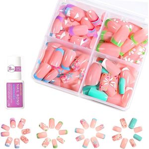 96 stuks plaknagels voor kinderen - schattige kunstnagels om op te plakken - bloemen-kersen-punten-en-lijnen designs - kunstmatige vingernagels cadeau voor meisjes - press on nails voor kinderen
