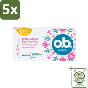 5 x o.b. Tampons - Original Normal - Voor Comfort en Betrouwbare Bescherming - 16 Tampons - Grootverpakking - Tampons - Menstruatiebescherming - Gebogen Groeven - StayDry Technologie - Plantaardige Kern