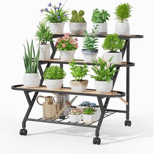 Plantenstandaard, metaal met 3 niveaus, plantenrek, bloemenrek, voor binnen en buiten, bloemenstandaard, voor tuin, balkon, woonkamer (zwart)