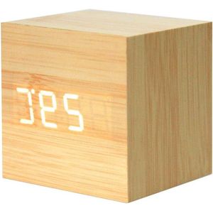 Digitale houten kubuswekker met geluidsbesturing - Modern design voor thuis en kantoor (Geel/Wit)