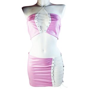 BamBella® Rok en top - Maat S/M - Roze Sexy Set van Datex (Mix latex en stof ) Erotische dames kleding set kostuum Rok Lak glans shiny paal dans pak