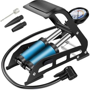 Dubbele cilinder voetpomp - krachtige luchtpomp tot 7 bar - fietspomp met lange slang 70 cm - voor alle ventielen fiets bal trappomp