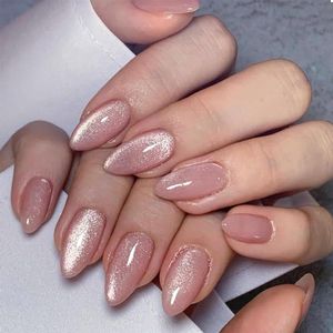 24 Stuks Roze Glitter Middelmatige Kunstnagels - Amandelvormig - Plaknagels Acryl - Volledige Cover