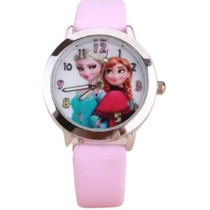 Meisjes horloge Roze met Frozen afbeelding Elsa en Anna met leer bandje.