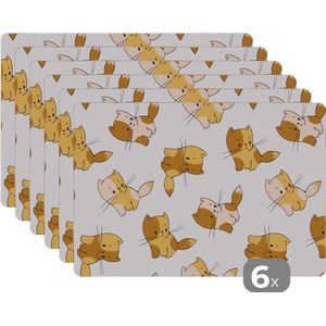 Placemat kinderen - Placemat - Placemats kunststof - Patronen - Kat - Kitten - Jongens - Meisjes - Kinderen - Kindje - 45x30 cm - 6 stuks - Hittebestendig - Anti-Slip - Onderlegger - Afneembaar