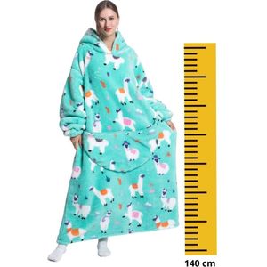 Alpaca fleece deken met mouwen en capuchon �– fleece hoodie – EXTRA lang - fleece kleed met capuchon en mouwen – hoodie blanket - maat XS t/m XL – TV plaid met mouwen - 140 cm - chillen – relax outfit– mint - Badrock