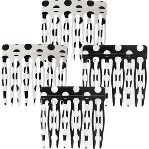 4 Piece Mini Haarpin Set - Franse Zijkam van Cellulose Acetaat - Zwart en Wit Gestippeld Ontwerp - Geschikt voor Alle Haartypes