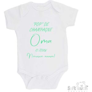 100% katoenen Romper """"Pop"" de champagne Oma is jouw nieuwe naam!"" Unisex Katoen Wit/mint Maat 62/68