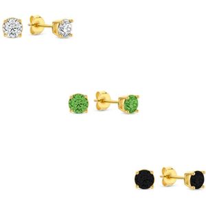 Silventi 9SIL-SET0042 Zilveren Zirkonia Oorknoppen Set 4mm Wit Groen Zwart Earparty - Zilver - Verguld/Goud op Zilver