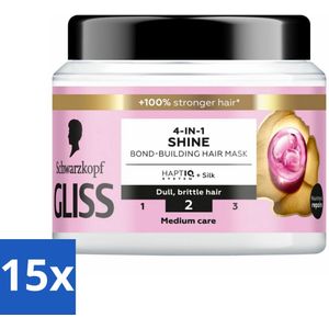 15 x Gliss - Haarmasker - 4in-1 Hair Mask - Voor Zijdezacht en Glanzend Haar - 400 ml - Haarmasker - Zijde - Glans - Haarherstel - Haarvoeding