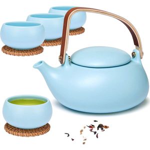 Porseleinen theepot met zeefinzetstuk, 800 ml, houten handvat, mat Japans theeservies van keramiek met 4 kopjes en een rieten onderzetter voor losse thee cadeau / blauw.