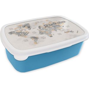 Broodtrommel Blauw - Lunchbox - Brooddoos - Wereldkaart - Letters - Bruin - 18x12x6 cm - Kinderen - Jongen