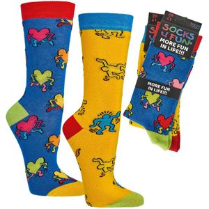 Vrolijke damessokken 36-41 | grappige damessokken | happy socks printjes | voordeelpakket 6 paar | thema's regenboog, liefde, bijen, en moderne kunst