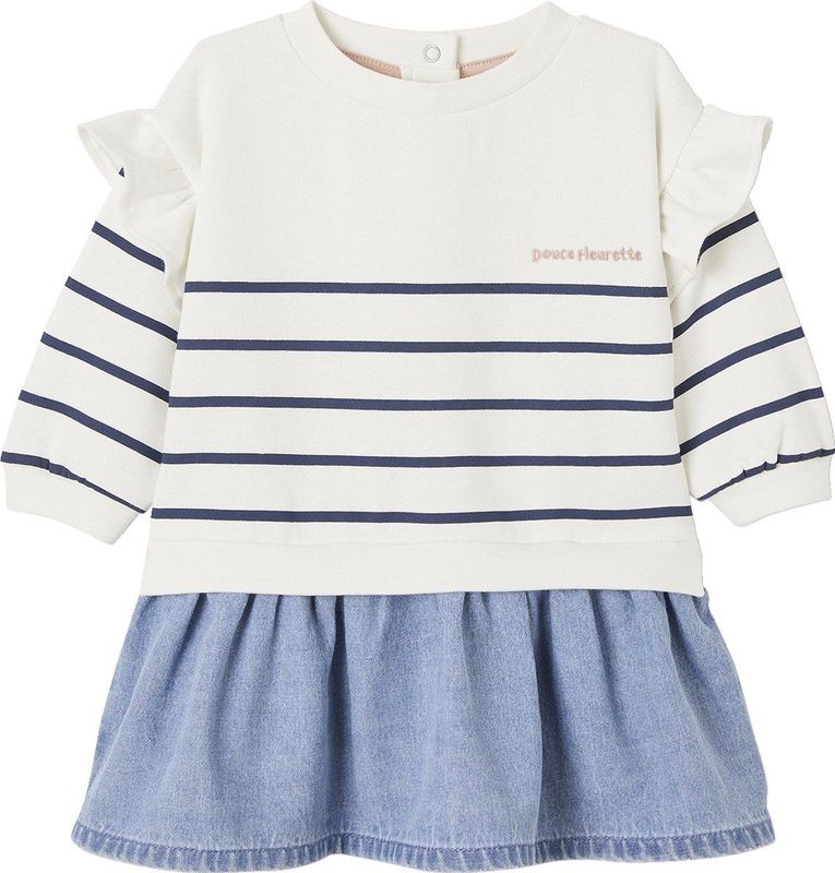 Gestreepte Jurk - Stone - Meisjesjurk - Bovenkant van Fleece en Onderrok van Denim
