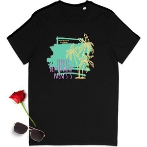 Zomer tshirt met print - Life is better with palmtrees - T-shirt met zomer opdruk heren - T shirt dames met zomer print - Vakantie t shirt voor vrouwen en mannen - Unisex maten:  S M L XL XXL XXXL - Tshirt kleuren: Zwart, geel, rood en blauw.