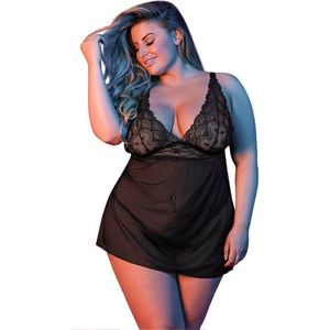 Magic Silk Babydoll met Open Rug en G-String Set - XXL black Queen Size