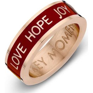 Key moments 8KM-R0012-54 Stalen Ring - Dames - Donker Rood - Emaille - LOVE HOPE JOY - Maat 54 - Cadeau - Staal - Rosé Goudkleurige Plated