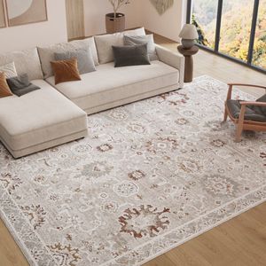 TAPISO Trend Tapijt Kortpolig - Vintage Tapijt Hoge Kwaliteit - Elegant Woonkamer Tapijt in Crème Beige met Bruin Grijs - Bloemenpatroon - Easy Care Tapijt - OEKO-TEX 160x230