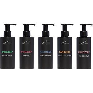 Handzeep Set - Fresh Ginger + Hamam + Hammam Herbal + Sweet Orange & Cedarwood en White Lotus - bodycare - luxe fles - set van 5 stuks - Cadeau - giftset voor hem en haar