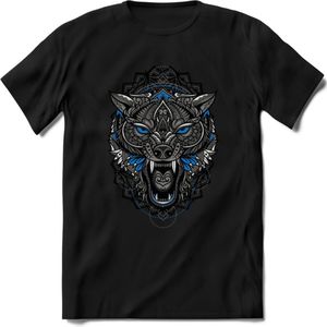 Wolf - Dieren Mandala T-Shirt | Blauw | Grappig Verjaardag Zentangle Dierenkop Cadeau Shirt | Dames - Heren - Unisex | Wildlife Tshirt Kleding Kado | - Zwart - L