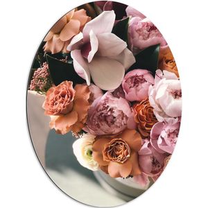 Dibond Ovaal - Bloemen - Boeket - Rozen - Kleuren - Vaas - 60x80 cm Foto op Ovaal (Met Ophangsysteem)