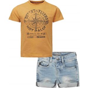 Koko Noko - Noppies - Kledingset - 2DELIG - Broek Jeans Short Blauw - Shirt Garden Grove Amber Gold - Maat 128