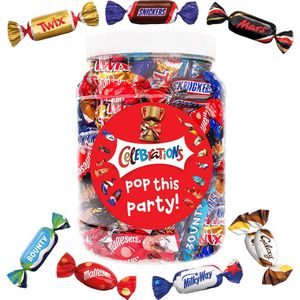 Mars Celebrations mega chocolademix met opschrift ""Pop this party!"" - chocolade van Twix, Snickers, Mars, Bounty, Maltesers, MilkyWay & Galaxy - 580g