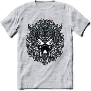 Tijger - Dieren Mandala T-Shirt | Blauw | Grappig Verjaardag Zentangle Dierenkop Cadeau Shirt | Dames - Heren - Unisex | Wildlife Tshirt Kleding Kado | - Licht Grijs - Gemaleerd - S