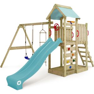 WICKEY speeltoestel klimtoestel MultiFlyer met schommel en pastelblauwe glijbaan, outdoor kinderspeeltoestel met zandbak, ladder & speelaccessoires voor de tuin