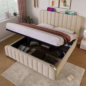 KOMHTOM Tweepersoonsbed 180x200 cm met gouden sierstrepen en USB Type-C oplaadfunctie Bed Beige linnen Hydraulisch campingbed