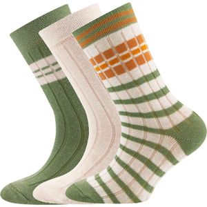 3-Pack Kindersokken Ewers met Ribpatroon - Set van 3 paar - Effen Creme/Beige en Creme met Strepen Groen en Oranjebruin-23/26
