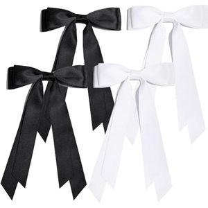 Haarstrikken voor dames - Set van 4 stuks haarstrik haarspelden met strik en lange band van zijdesatijn - Accessoires voor dames en meisjes (Zwart/Wit)