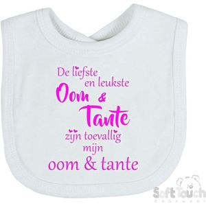 Soft Touch Slabber Slabbetje Slab ""De liefste en leukste Oom & Tante zijn toevallig mijn Oom & Tante"" Unisex Katoen Wit/fluor pink Maat 33x22 Cm