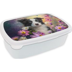 Broodtrommel Wit - Lunchbox Hond - Bloemen - Natuur - Puppy - Bordercollie - Brooddoos 18x12x6 cm - Brood lunch box - Broodtrommels voor kinderen en volwassenen