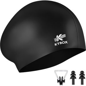 Kyrox Siliconen Badmuts - Unisex - Inclusief Zwem Oordopjes & Neusklem - Badmutsen voor Dames & Heren - Waterdicht en Elastisch - Swimming Cap - Zwart