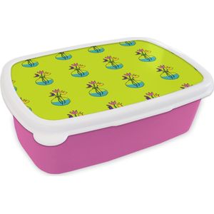 Broodtrommel Roze - Lunchbox - Brooddoos - Bloemen - Vazen - Patronen - 18x12x6 cm - Kinderen - Meisje