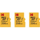 Pack de 3 KODAK Cartes Mémoire Micro SD - 256GB, Classe 10, Haute Performance, avec Adaptateur