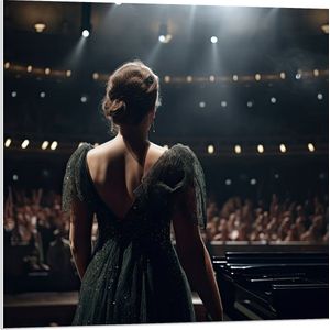 PVC Schuimplaat - Vrouw - Muziek - Podium - Publiek - Jurk - Mensen - Piano - 80x80 cm Foto op PVC Schuimplaat (Met Ophangsysteem)