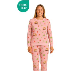 Happy Pyjama’s dieren dames pyjama set Luiaards & Bladeren – lichtroze – 2-delig (lange mouwen & lange broek) – maat M