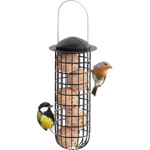 iBorn Vetbolhouder, Metalen Vetbolhouder met Dak, Hangende Voederbak, Metalen Voederstation, Voederbak voor Wilde Vogels, Zwart