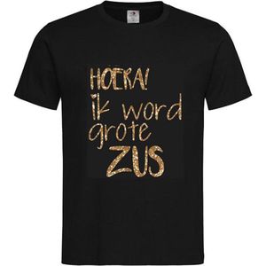 Shirt Aankondiging zwangerschap Hoera, Ik word grote zus | korte mouw | Zwart/Goud GLITTER | maat 98/104 zwangerschap aankondiging bekendmaking Baby big sis sister Grote Zus