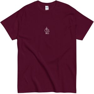 Dames en Heren T Shirt met Minimalistisch Ik hou van Jezus Symbool - Hartje Kruisje - Bordeaux Rood - S