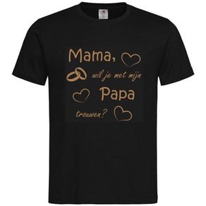 T-shirt Kinderen ""Mama, wil je met mijn papa trouwen?"" | korte mouw | Zwart/cappuccino | maat 86/92 (XXS)