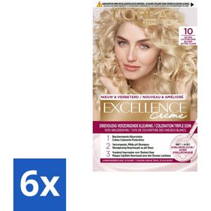 6 x L'Oréal Excellence Crème Permanente Crèmekleuring 10 Extra Lichtblond - Permanente Haarkleuring - Haarverf - Grijsdekking - L'Oréal Paris - Blond Haar