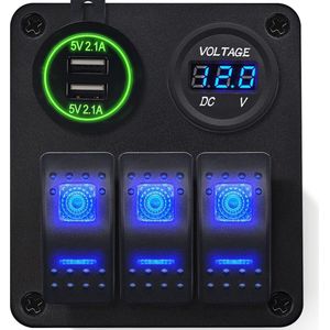 ProRide Schakelpaneel 12V voor Auto/Boot - USB Lader 2 Poorten met Voltmeter - QC3.0 - DS2120B - 3 Schakelaars