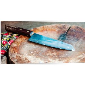 PVC Schuimplaat - Vers Geslepen Mes op Boomstronk - 100x50 cm Foto op PVC Schuimplaat (Met Ophangsysteem)