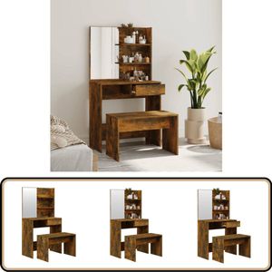 vidaXL Kaptafelset - Gerookt Eiken - Inclusief Kruk Kaptafel - Make-up Tafel - Dressing Table - Slaapkamer Decoratie - Badkamer Meubel