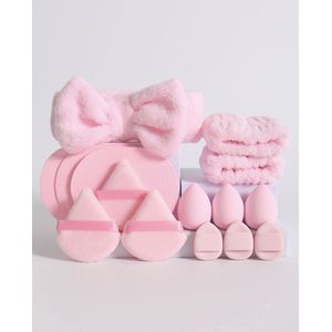 UniTrends® haarband make up - polsbandjes - powder puff - beauty blender - skincare wasbandjes - waterabsorberend - 15-delig roze