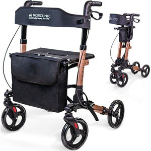 Mobiclinic Trajano - Rollator - Lichtgewicht en Inklapbaar - Tot 136kg - 4 wielen - Looprek met wielen - Met zitje en tas - Wandelstok houder - Aluminium - Verstelbaar - Roségoud